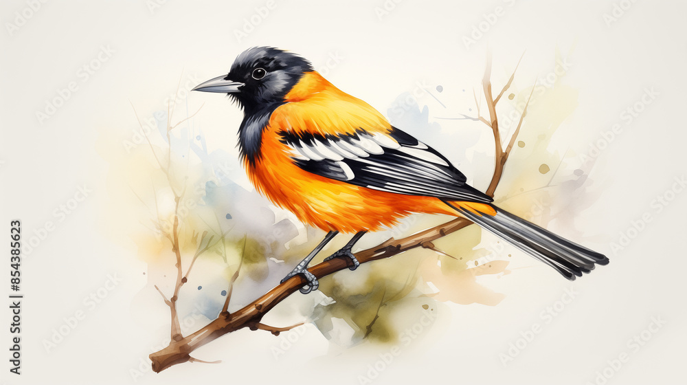 Fototapeta premium Watercolor illustration of a Baltimore oriole perched on a branch with a blurred background.
