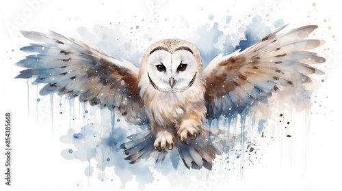 Watercolor illustration of a barn owl in flight with a watercolor splash background.