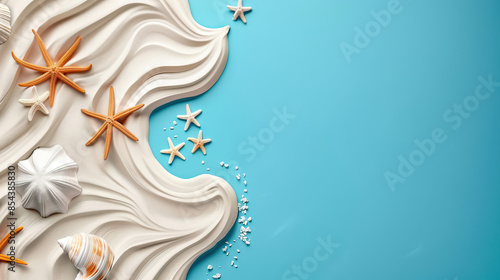 top view flat lay sea foam, stars, shells on blue background with copy space for Happy Ferragosto day.