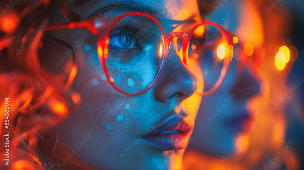 A woman with red glasses and blue eyes looking at the camera. The image has a warm, glowing atmosphere A woman with red glasses and blue eyes looking at the camera. The image has a warm, glowing atmosphere