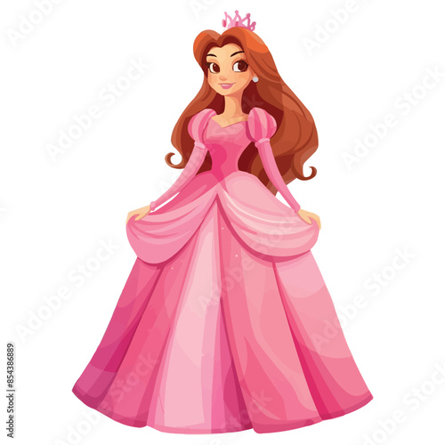 Cartoon beautiful princess in Pink dress isolated on white solid background