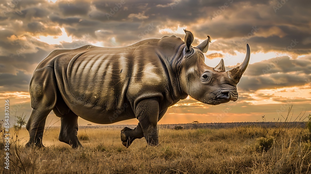 Obraz premium Majestic Rhinoceros Walking in the Savanna Under a Dramatic Sky 