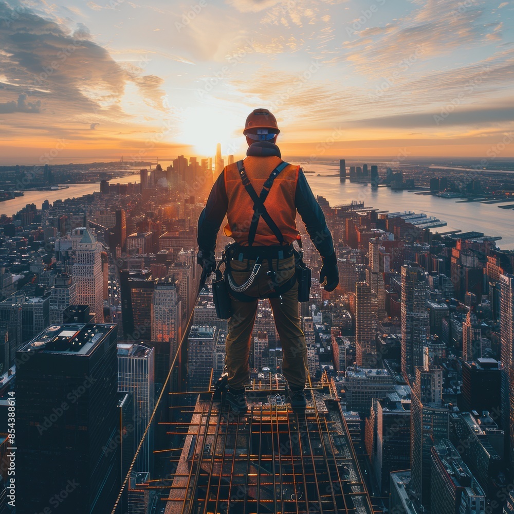 Fototapeta premium A construction worker standing on top of a skyscraper, overlooking the city, representing the human element behind the tall buildings.