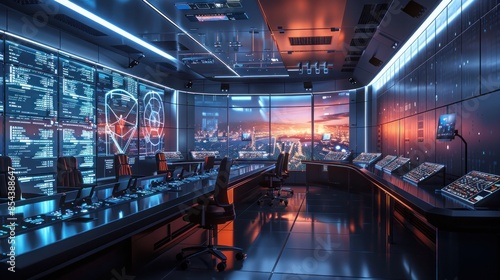 A sleek industrial cybersecurity command center with engineers protecting critical infrastructure