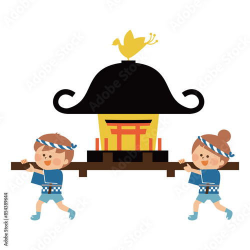 日本の夏祭り　お神輿をかつぐ子供のイラスト