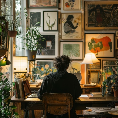 A person working on a laptop in a comfortable home office, surrounded by inspiring artwork, showcasing wealth that allows for a fulfilling lifestyle.