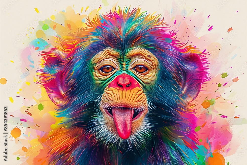 A lovely monkey sticking out its tongue and crossing its eyes, wearing a clown nose, vibrant colors, digital painting A lovely monkey sticking out its tongue and crossing its eyes, wearing a clown nose, vibrant colors, digital painting
