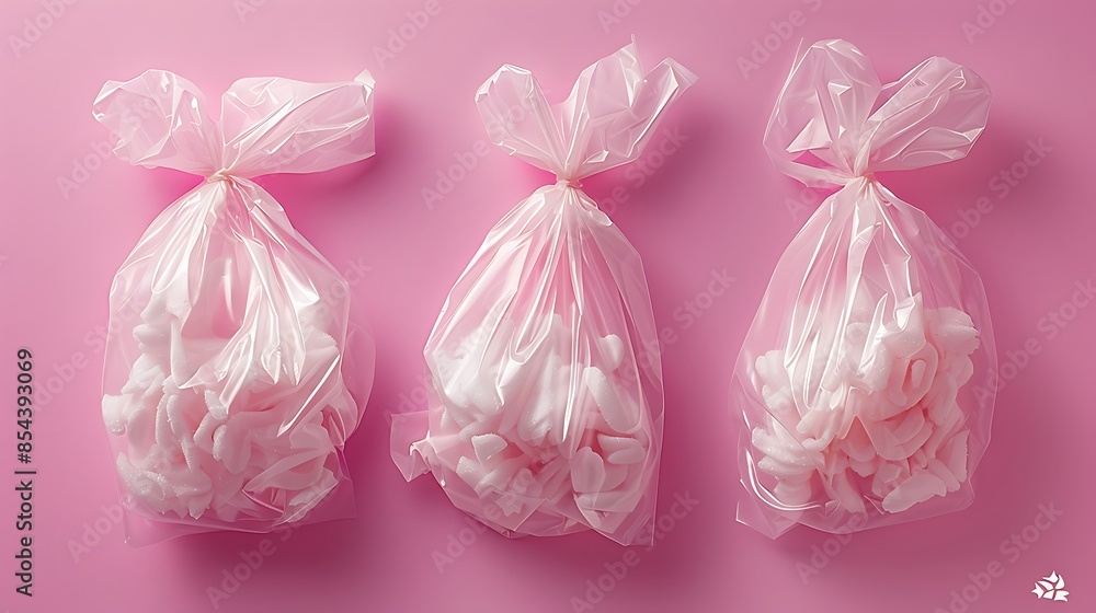 Five plastic bags with white powder inside, each bag is tied with a pink string, arranged in a horizontal line on a pink background. Five plastic bags with white powder inside, each bag is tied with a pink string, arranged in a horizontal line on a pink background.