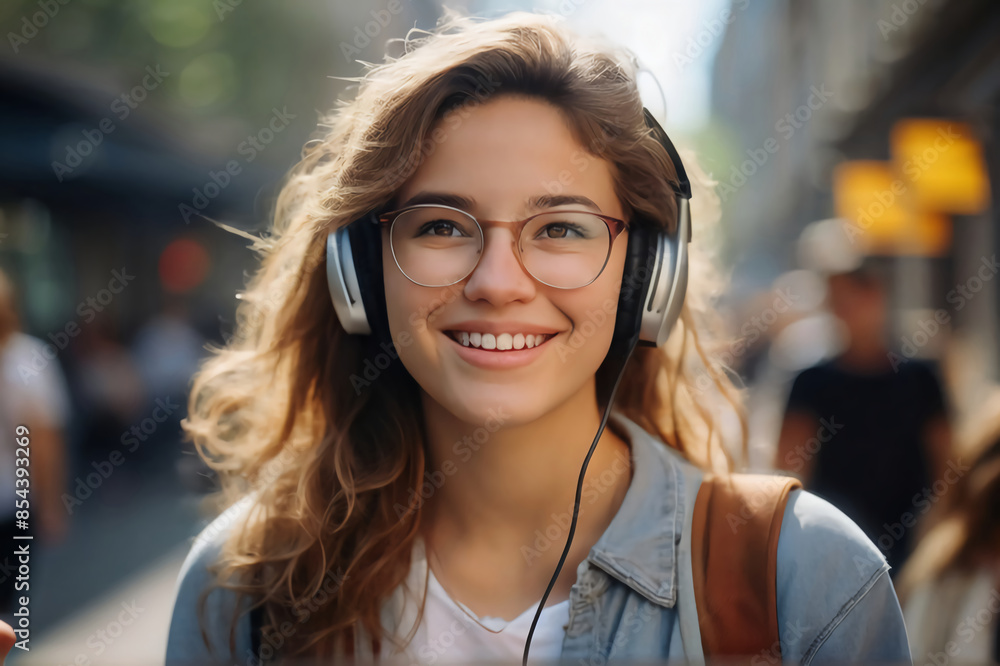 Close-up photo of a young smiling female student wearing headphones and glasses standing outside in the city and looking away Close-up photo of a young smiling female student wearing headphones and glasses standing outside in the city and looking away