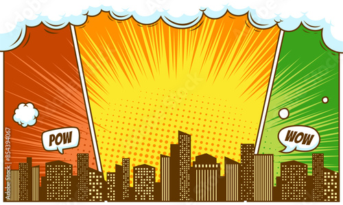 Colorful comic scene background with city silhouette	
