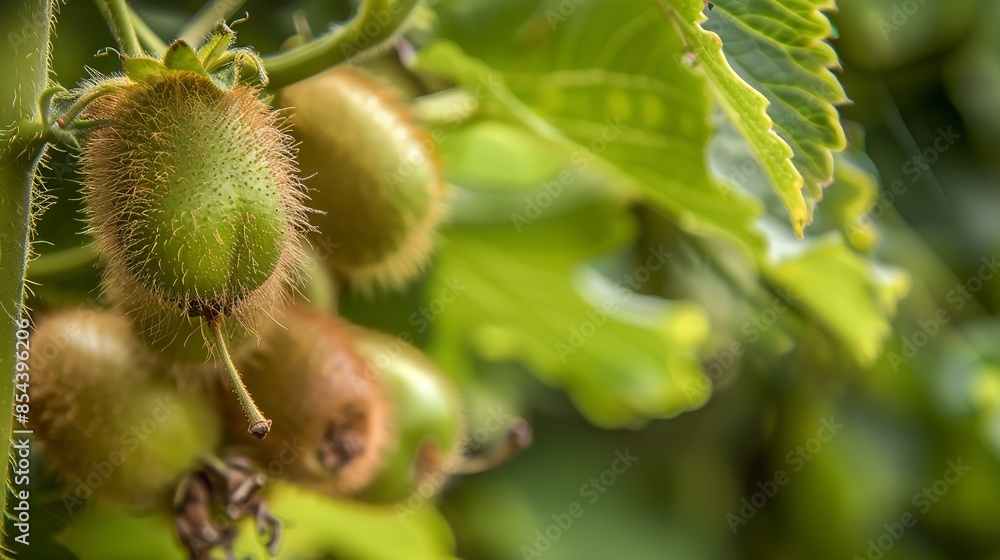 Organic kiwi fruits on the vine, detailed close-up of fuzzy exterior, clear focus on vibrant greens Organic kiwi fruits on the vine, detailed close-up of fuzzy exterior, clear focus on vibrant greens