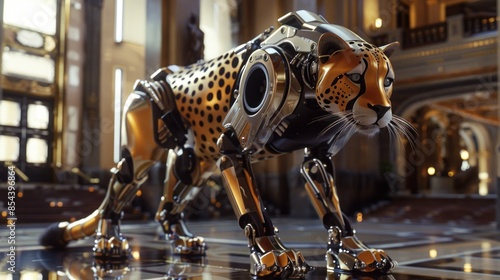 A cheetah robot with a metallic exterior stands in the front hall. AI generated image © uut