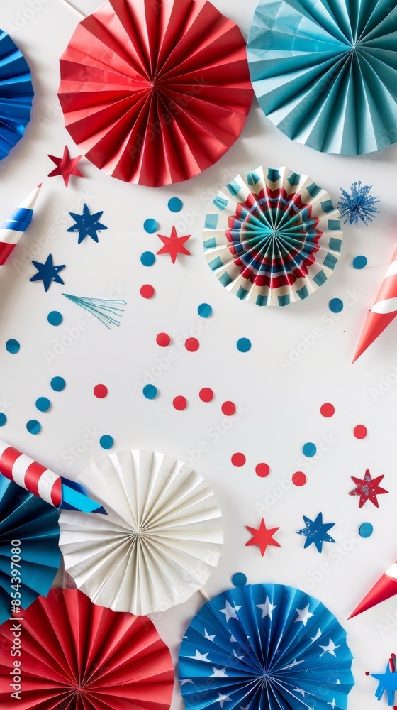 Obraz premium American Federal Holiday Banner Design with American Flag, Colorful Paper Fans, and Fireworks Rockets on White Background. Happy Independence Day, Presidents' Day, Labor Day Concept, Celebrating New Y
