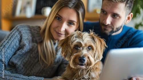 Homeowners Engaged with a Computer While Their Cute Dog Joins, Emphasizing Comfort, Technology, and Companionship in a Modern Household