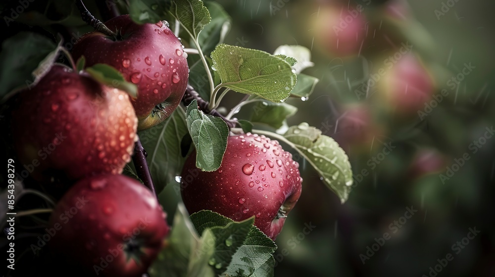 Close-up of organic apples on a tree, dew-kissed, vibrant reds and greens, soft-focus orchard Close-up of organic apples on a tree, dew-kissed, vibrant reds and greens, soft-focus orchard