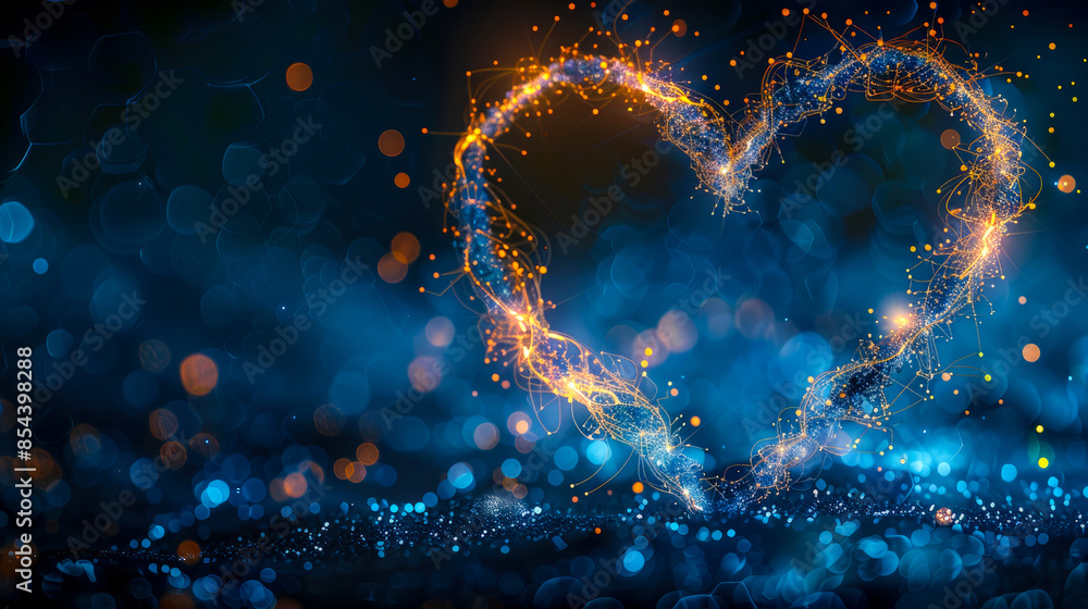 Glowing gold and blue heart-shaped mesh with romantic sparkles and pleasant illumination on dark blue festive background with bokeh. Symbol of love. Copy space. Glowing gold and blue heart-shaped mesh with romantic sparkles and pleasant illumination on dark blue festive background with bokeh. Symbol of love. Copy space.