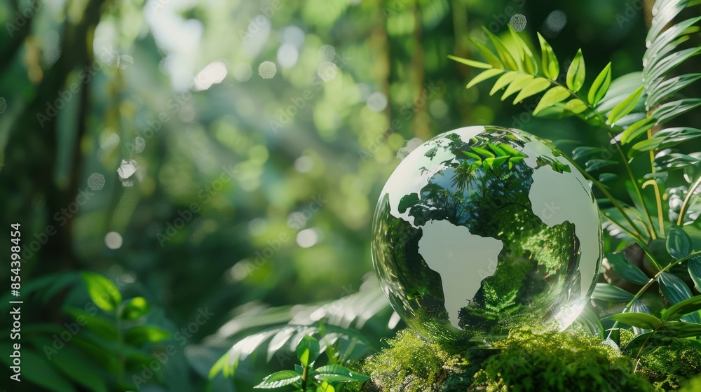 Transparent earth globe with green plant on the tropical rainforest blur background.AI generated image