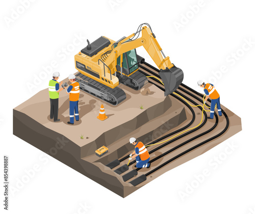 electrical wiring on the underground process electrical engineer and labors technician excavator backhole working and laying underground cable wire to pipe vector isometric isolated vector