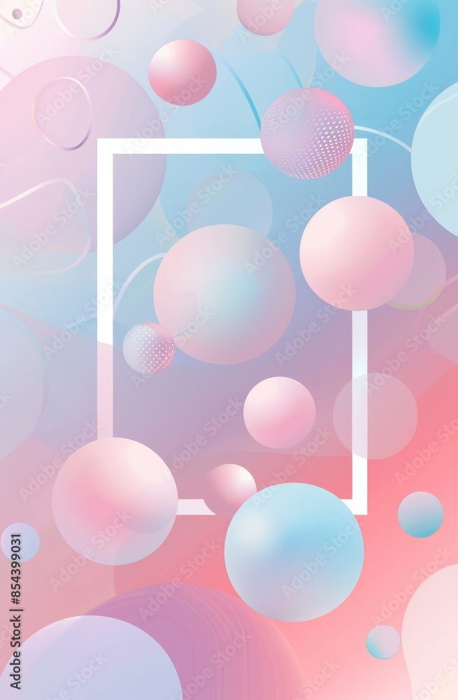 pastel gradient background with soft hues, featuring floating spheres and geometric shapes for an abstract design. The central area is filled with a transparent square frame pastel gradient background with soft hues, featuring floating spheres and geometric shapes for an abstract design. The central area is filled with a transparent square frame