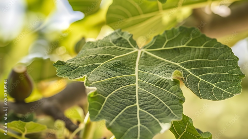 Fig tree leaf in detail, close-up, large and rugged texture, soft-focus figs in the background Fig tree leaf in detail, close-up, large and rugged texture, soft-focus figs in the background