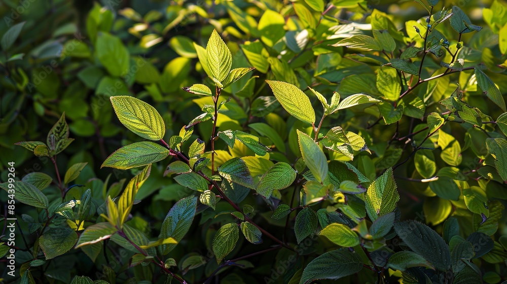 Obraz premium Berry bush foliage, detailed close-up of mixed berry leaves, crisp, clear morning light 