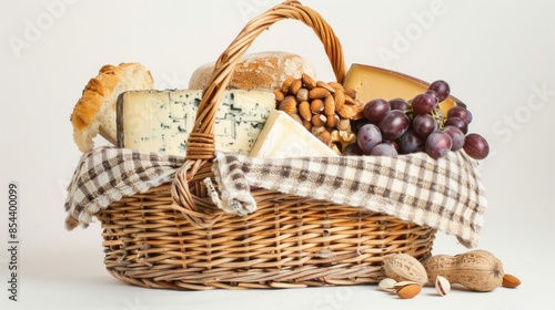 A rustic picnic basket with a selection of gourmet cheeses, grapes, and nuts, against a plain background.