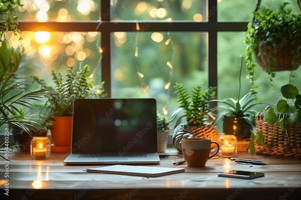 A cup of coffee is on a working desk in a bright, airy room filled with natural light streaming through large windows. A cup of coffee is on a working desk in a bright, airy room filled with natural light streaming through large windows.
