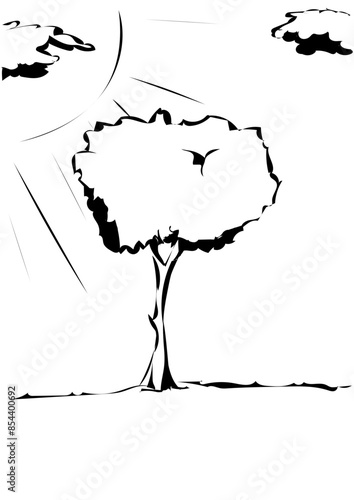 Landschaft mit Sonne, Wolken und einem Baum