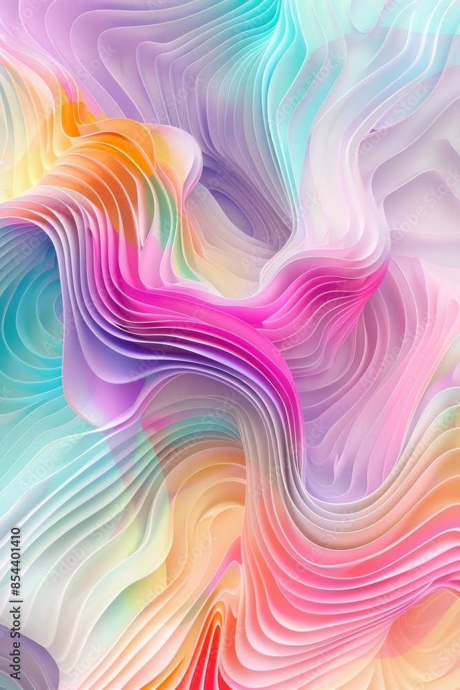 Flowing, layered waves in pastel colors, creating a smooth, three-dimensional abstract design with soft gradients in pink, blue, yellow, and green tones. Flowing, layered waves in pastel colors, creating a smooth, three-dimensional abstract design with soft gradients in pink, blue, yellow, and green tones.