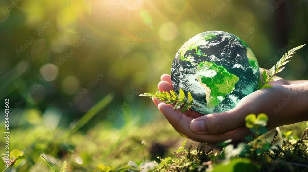 Environmental concept with hand holding globe with green leaves .AI generated image Environmental concept with hand holding globe with green leaves .AI generated image