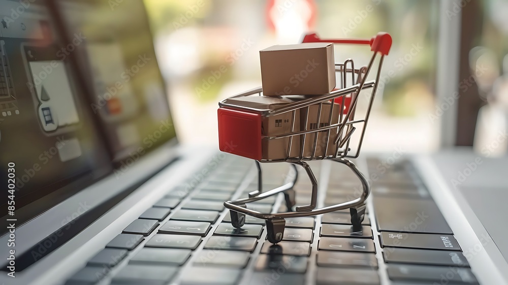 A detailed real photo of small boxes in a shopping cart on a laptop keyboard, symbolizing online shopping and e-commerce A detailed real photo of small boxes in a shopping cart on a laptop keyboard, symbolizing online shopping and e-commerce