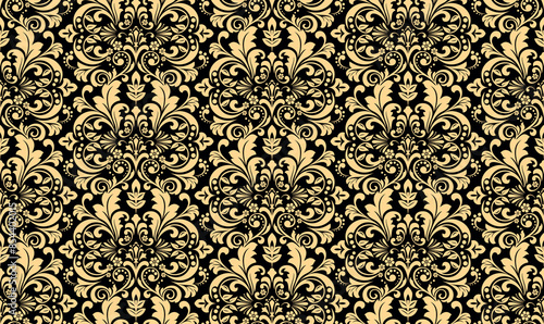 Wallpaper in the style of Baroque. Seamless vector background. Golden and black floral ornament. Graphic pattern for fabric, wallpaper, packaging. Ornate Damask flower ornament