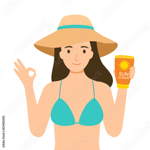Girl in bikini and beach hat uses sunscreen cream enjoy summer vacation.