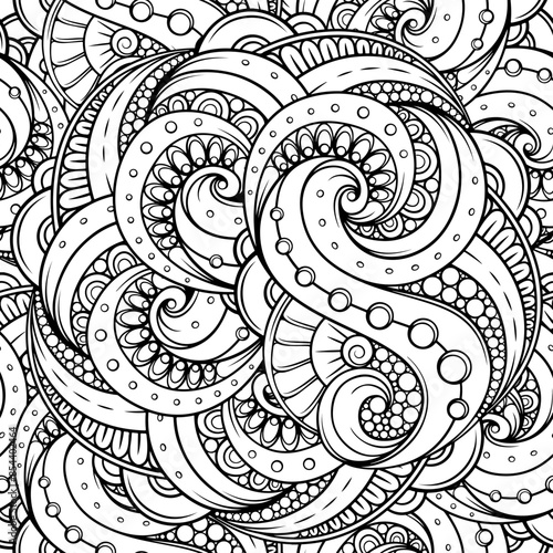 Detailed black and white vector seamless pattern with intricate swirling detalies and shapes, featuring abstract elements. Perfect for antistress coloring pages.