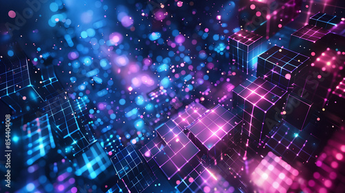 Vertical AI illustration of an abstract background featuring blue and purple lights, creating an illusion of floating in space surrounded by glowing cubes. Designed to showcase futuristic technology 