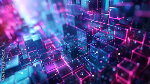 Vertical AI illustration of an abstract background featuring blue and purple lights, creating an illusion of floating in space surrounded by glowing cubes. Designed to showcase futuristic technology 