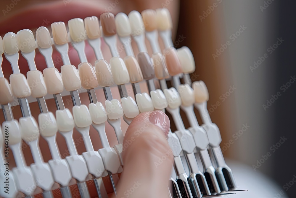 Person holding tooth color chart to match teeth shade, space for text