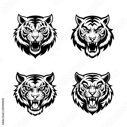 Angry tiger head only icon black white vector set