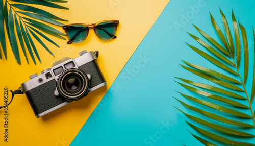 Summer essentials flat lay with vintage camera and sunglasses on yellow and turquoise background