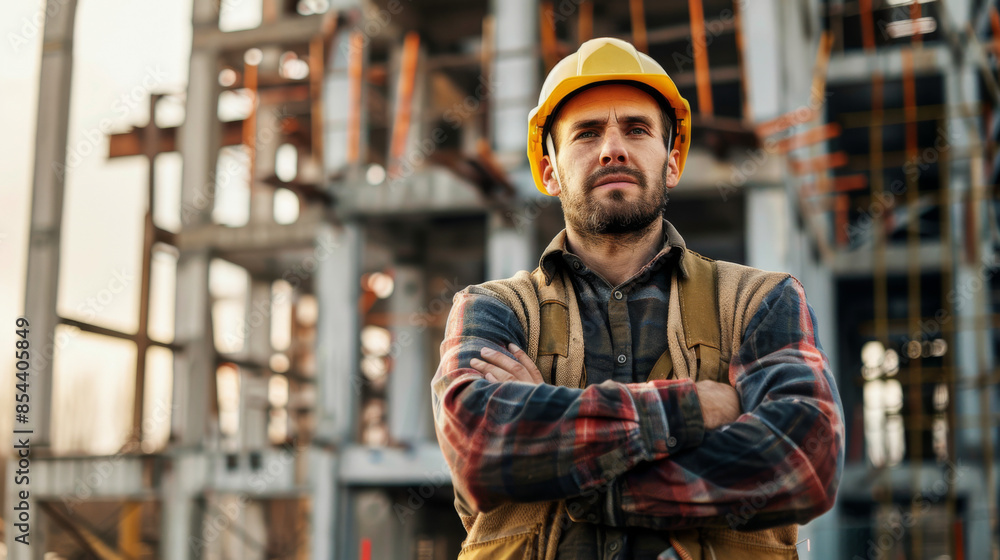 Portrait of a builder in a helmet with his hands folded Portrait of a builder in a helmet with his hands folded