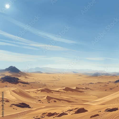 A vast, desolate desert landscape with endless dunes stretching towards the horizon. The harsh sun beats down, casting long shadows.