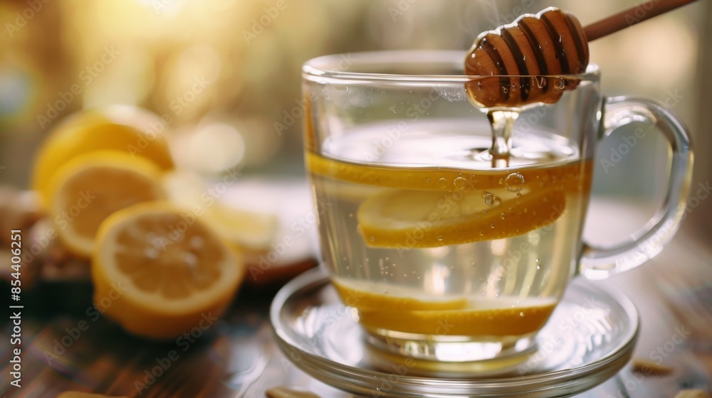 Glass of Warm Lemon Water with Honey Drizzle for Food Marketing and Health Promotion Glass of Warm Lemon Water with Honey Drizzle for Food Marketing and Health Promotion