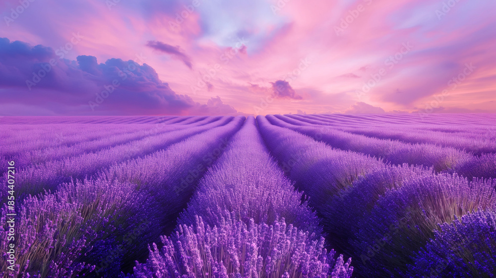 Obraz premium Lavender Field at Sunrise with Pink Sky 