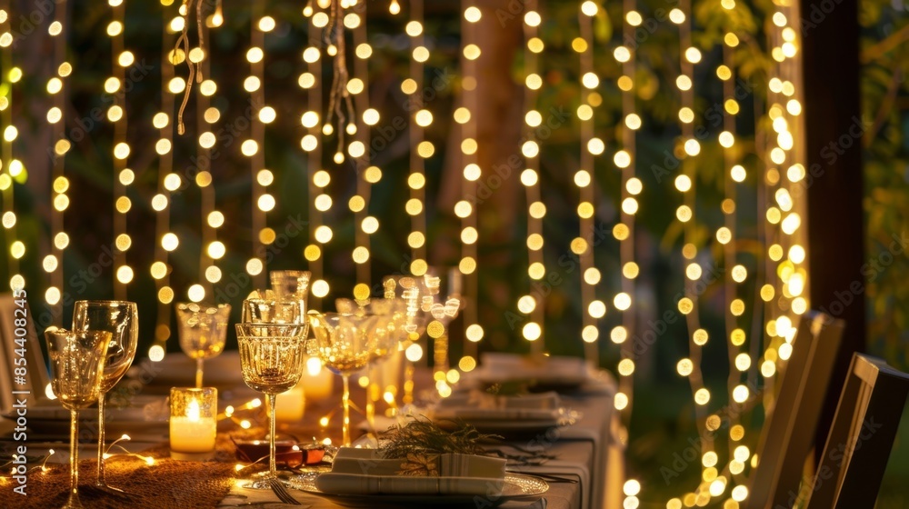 Obraz premium An elegant outdoor dining area is adorned with cascading strands of fairy lights casting a dreamy glow over the table.