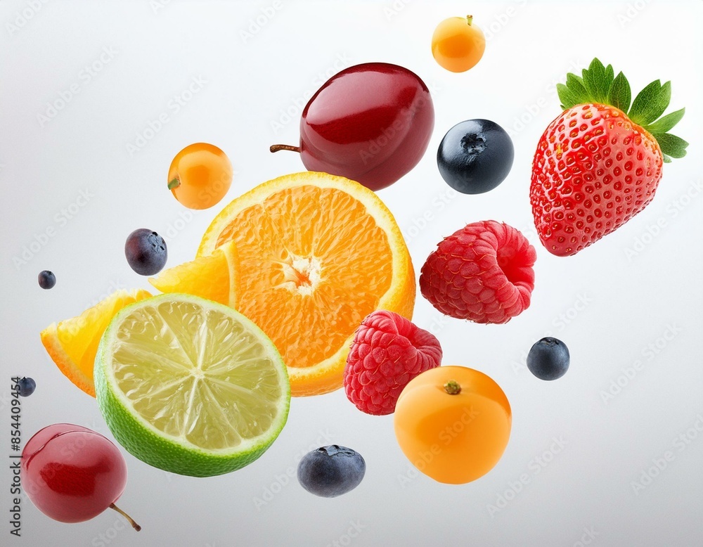Naklejka premium fruits and berries flying on white background 