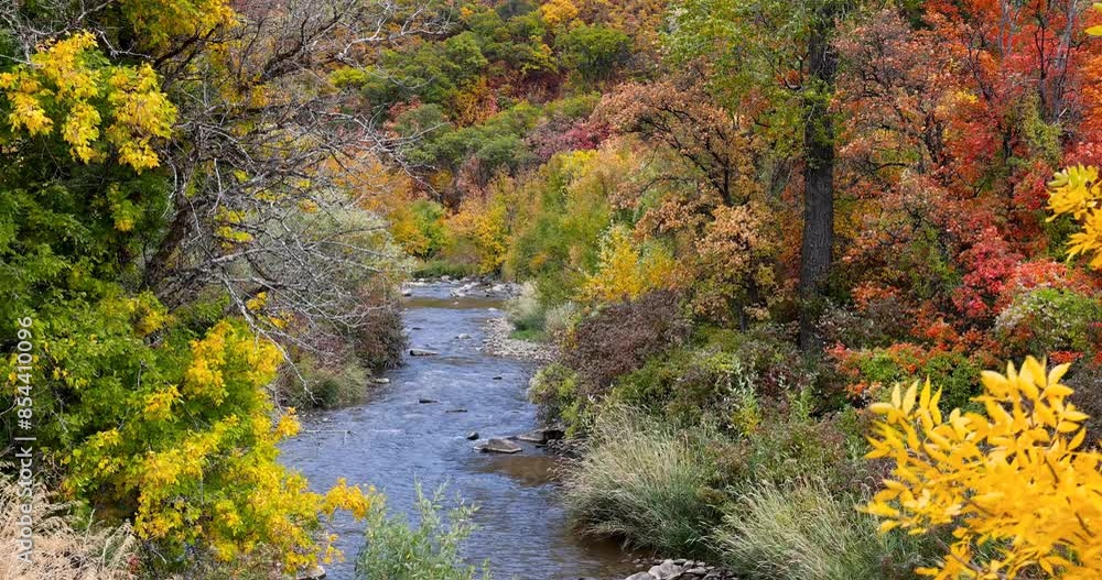 South Fork Ogden river landscape in Utah surrounded with beautiful color harmony of fall foliage