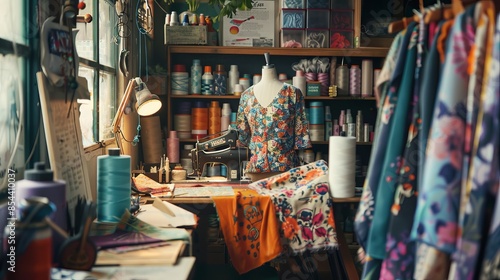imagine a cozy and well-lit sewing room where someone is in the process of sewing a piece of clothing.