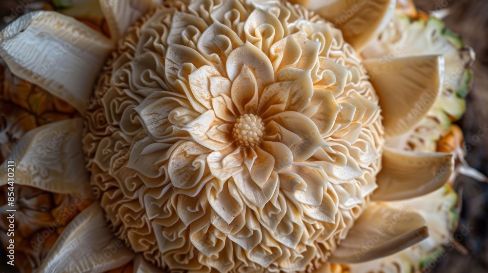 A closeup of a carved pineapple resembling a blooming flower with perfect symmetry and intricate details. A closeup of a carved pineapple resembling a blooming flower with perfect symmetry and intricate details.