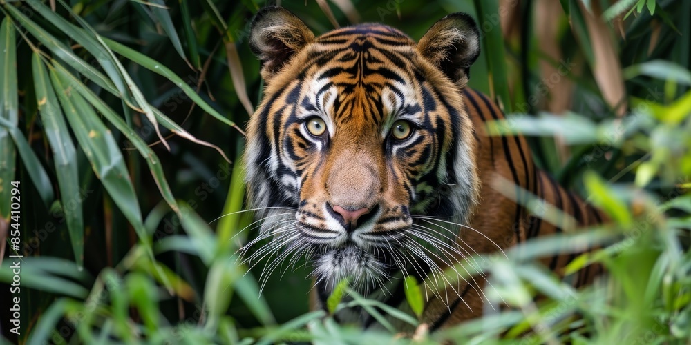 Fototapeta premium A tiger peers out from behind dense foliage.