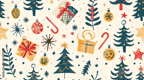 Create a seamless pattern of holidaythemed elements like Christmas trees, ornaments, and gifts photo